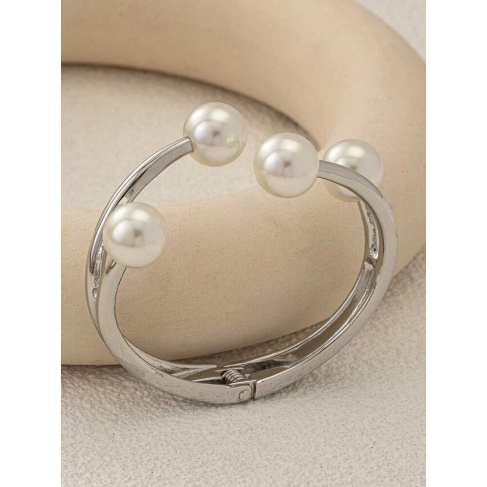 Stainless Steel Geometric Pearl Bangle Bracelet Set Quiet Luxury Stack - Picture 6 of 10